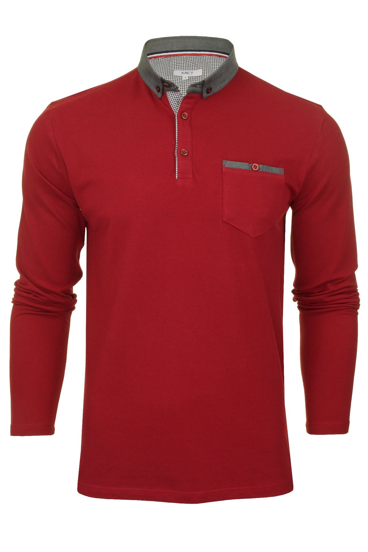Xact Men's Long-Sleeved Polo T-Shirt, 100% Cotton Pique, Slim Fit, Contrast Button-Down Collar-Main Image