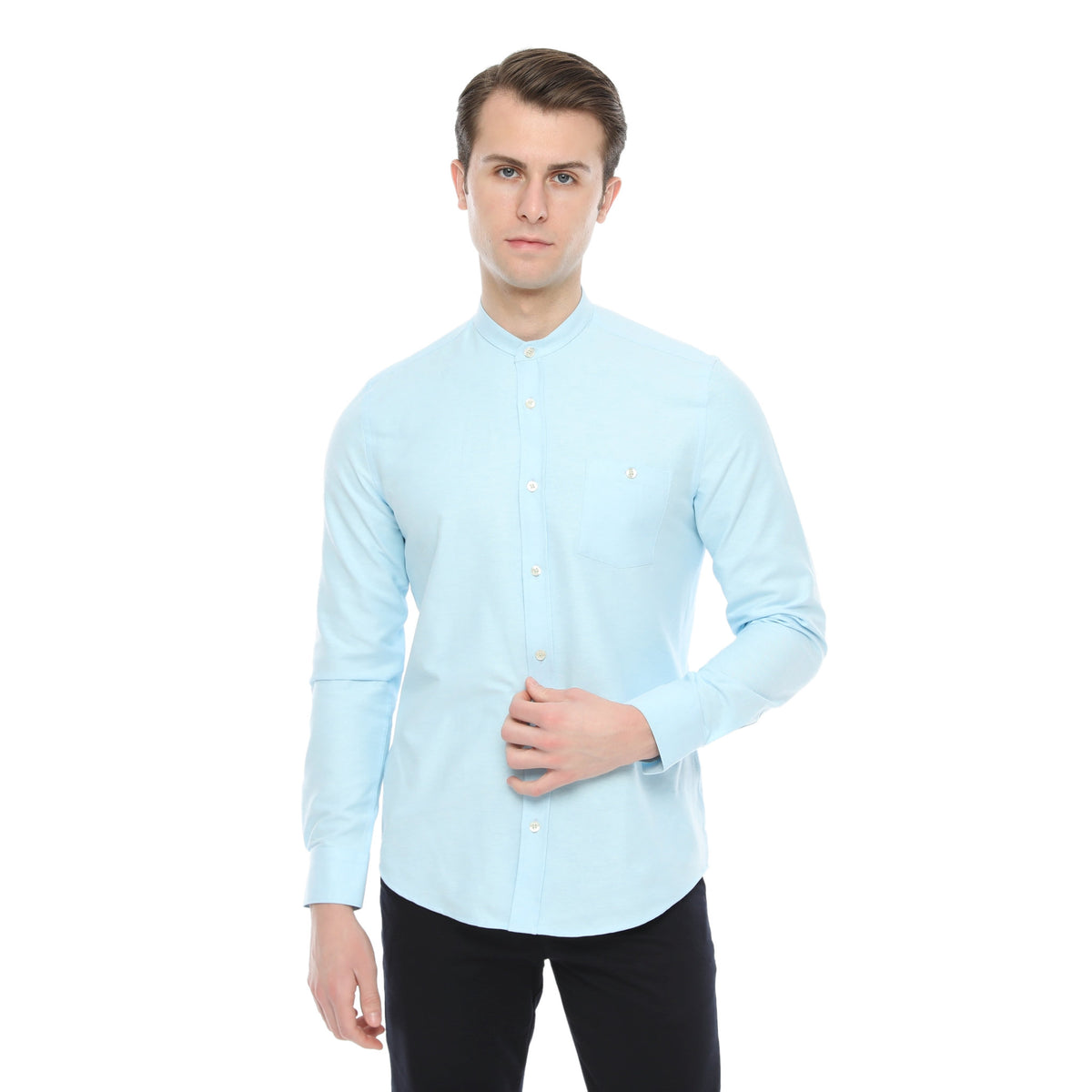 Xact Mens Grandad Collar Nehru Oxford Shirt 'Gustus' Long Sleeved - Slim Fit-4
