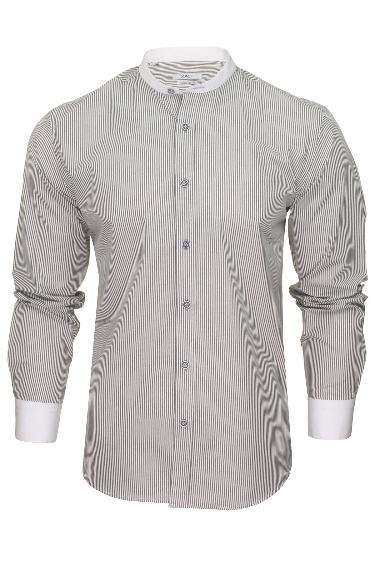 Xact Men's Striped Grandad Shirt, White Collar & Cuffs, Long-Sleeved-Main Image