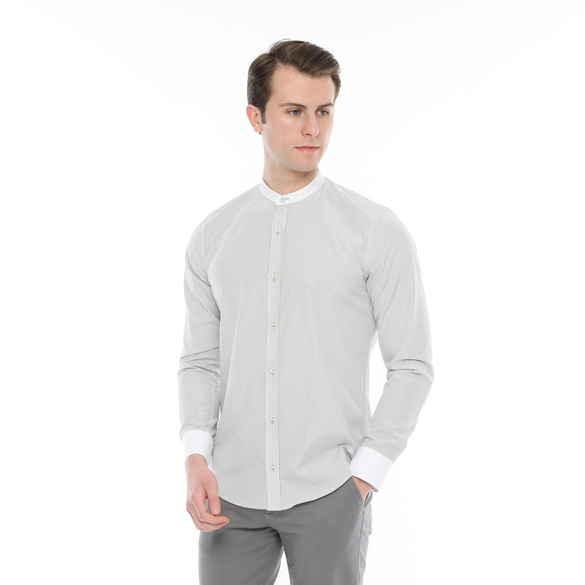 Xact Men's Striped Grandad Shirt, White Collar & Cuffs, Long-Sleeved-2