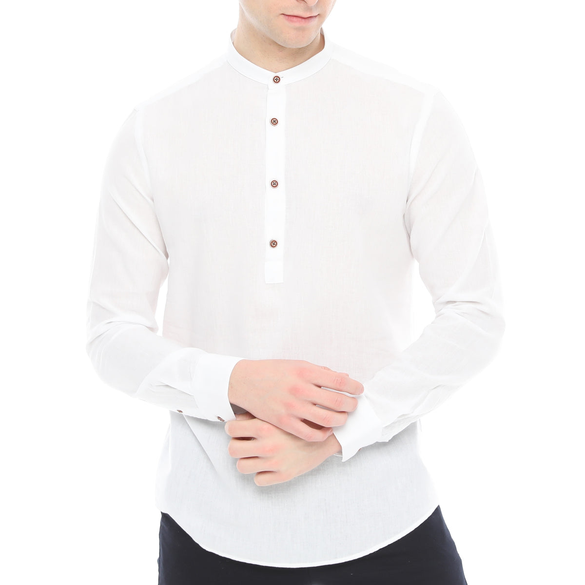 Xact Mens Cotton Linen Grandad Band Collar Tunic Shirt, Long Sleeved, Regular Fit-Main Image