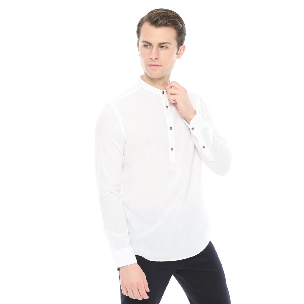 Xact Mens Cotton Linen Grandad Band Collar Tunic Shirt, Long Sleeved, Regular Fit-2