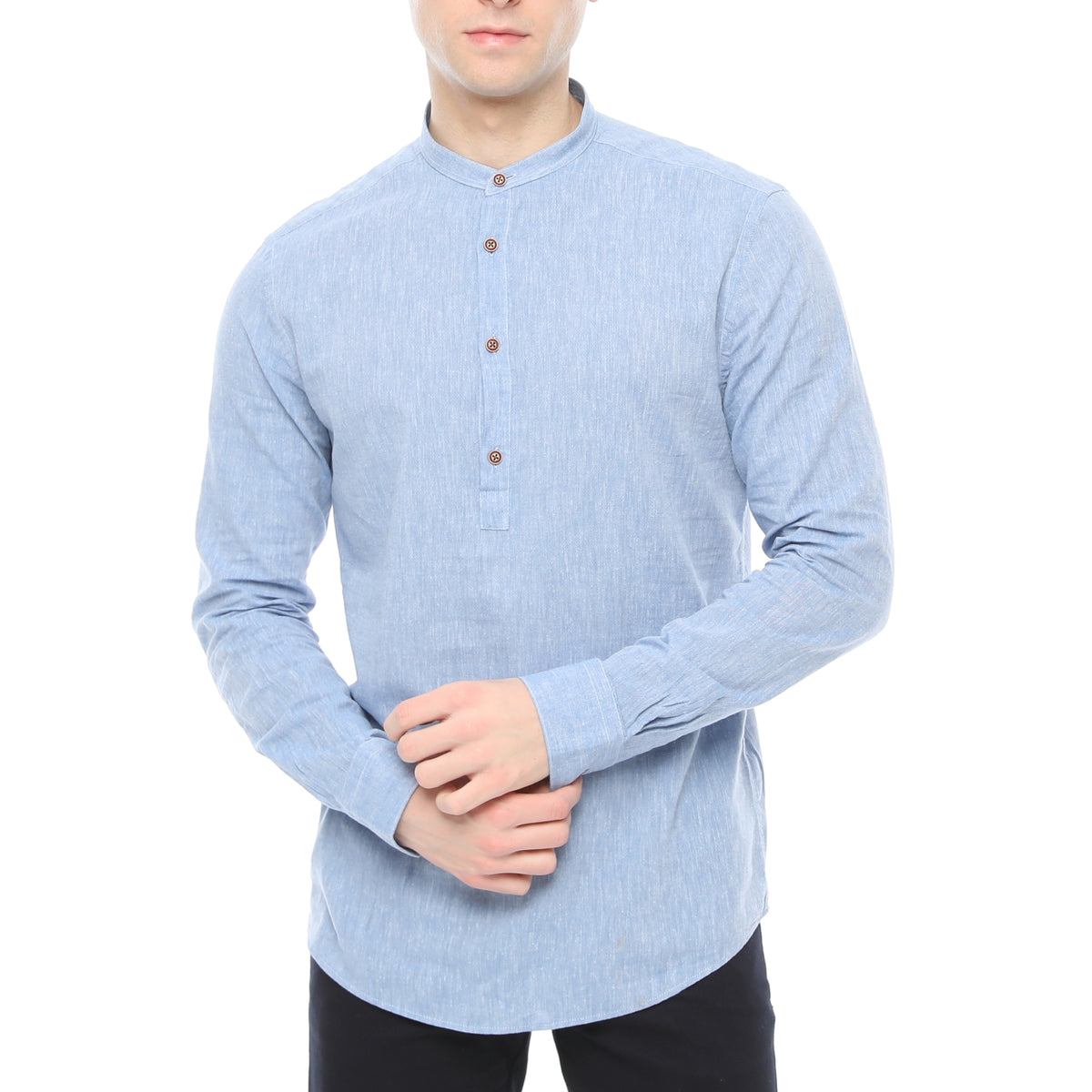 Xact Mens Cotton Linen Grandad Band Collar Tunic Shirt, Long Sleeved, Regular Fit-Main Image