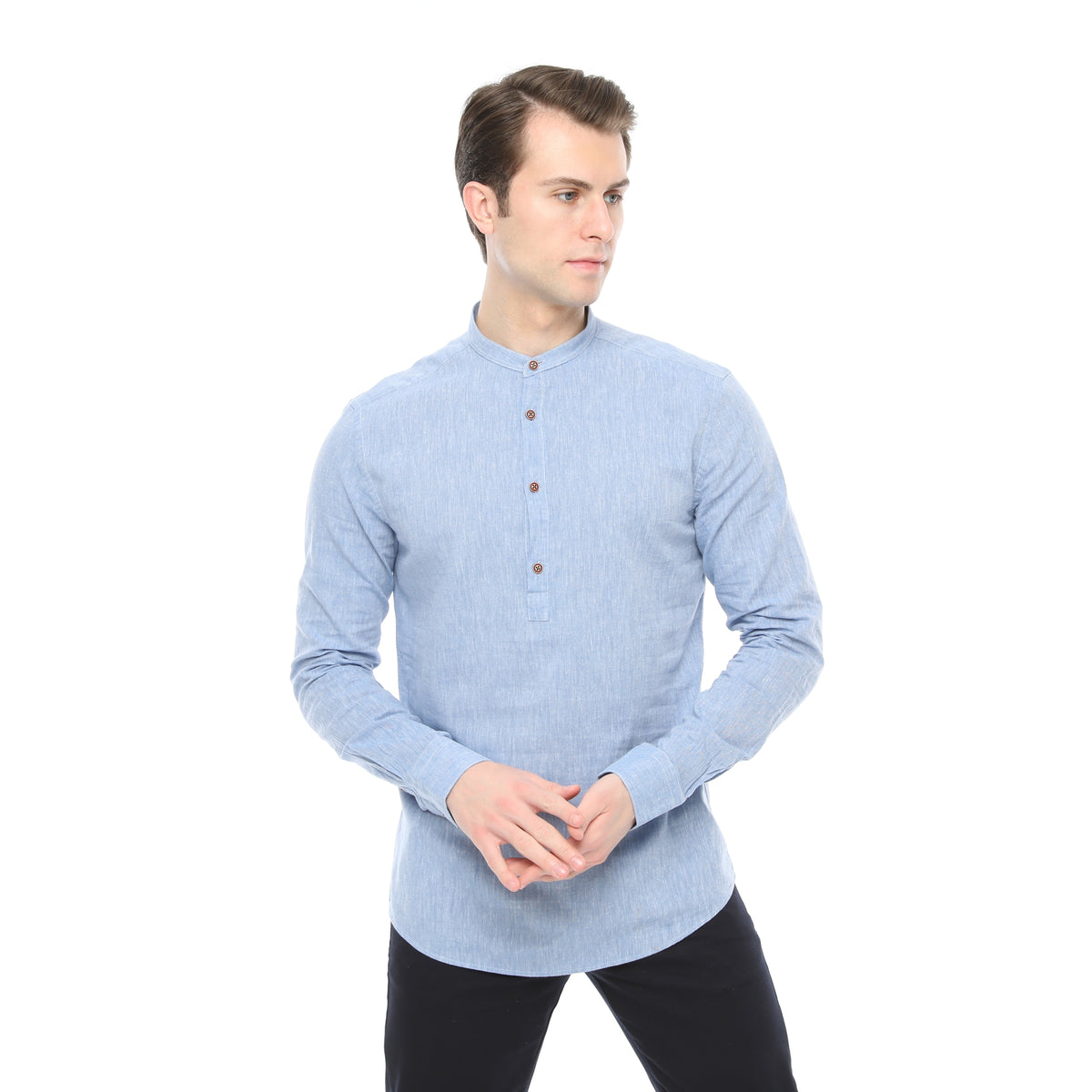 Xact Mens Cotton Linen Grandad Band Collar Tunic Shirt, Long Sleeved, Regular Fit-2