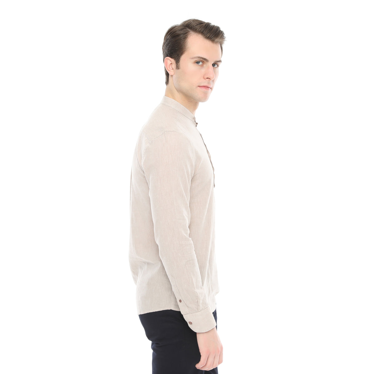 Xact Mens Cotton Linen Grandad Band Collar Tunic Shirt, Long Sleeved, Regular Fit-3