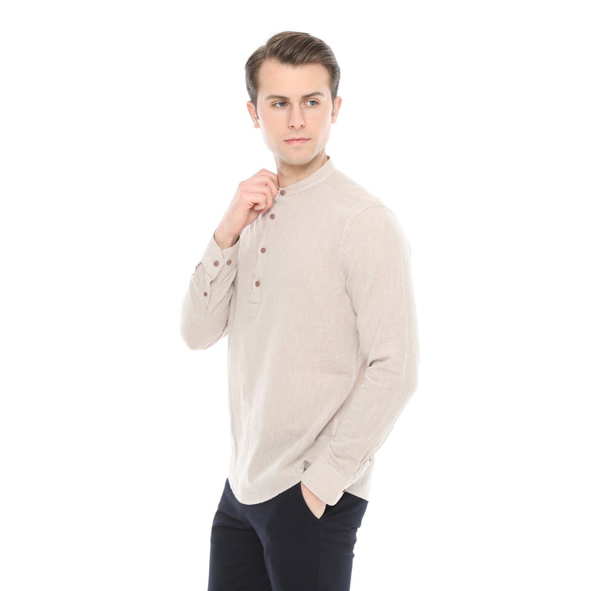 Xact Mens Cotton Linen Grandad Band Collar Tunic Shirt, Long Sleeved, Regular Fit-4