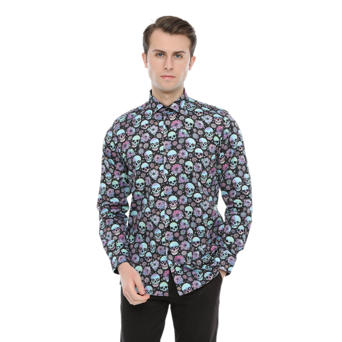 Xact Men's Holographic Skulls & Flower Print Long Sleeved Shirt, Regular Fit-Main Image