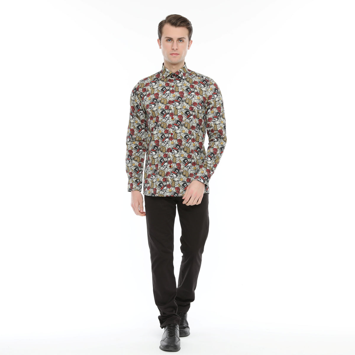 Xact Men's Gambling Skulls Print Long Sleeved Shirt, Regular Fit-2