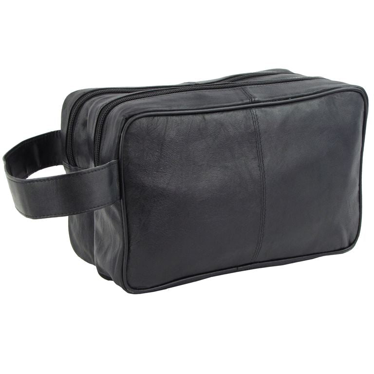 Mens Toiletry/ Travel Wash Bag Soft Leather Black With Wrist Strap-2