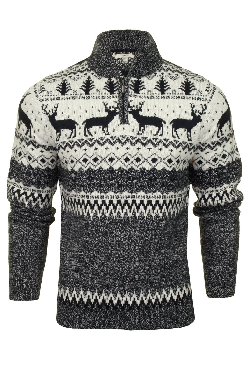 Mens Xact Xmas Christmas Jumper 'Reindeer Fairisle Quarter Zip Crew'-2
