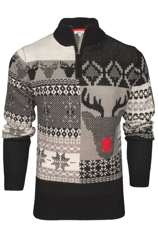 Xact Men's 1/4 Zip Christmas Jumper Fair Isle & Rudolph Reindeer Knit-Main Image