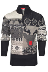 Xact Men's 1/4 Zip Christmas Jumper Fair Isle & Rudolph Reindeer Knit-2