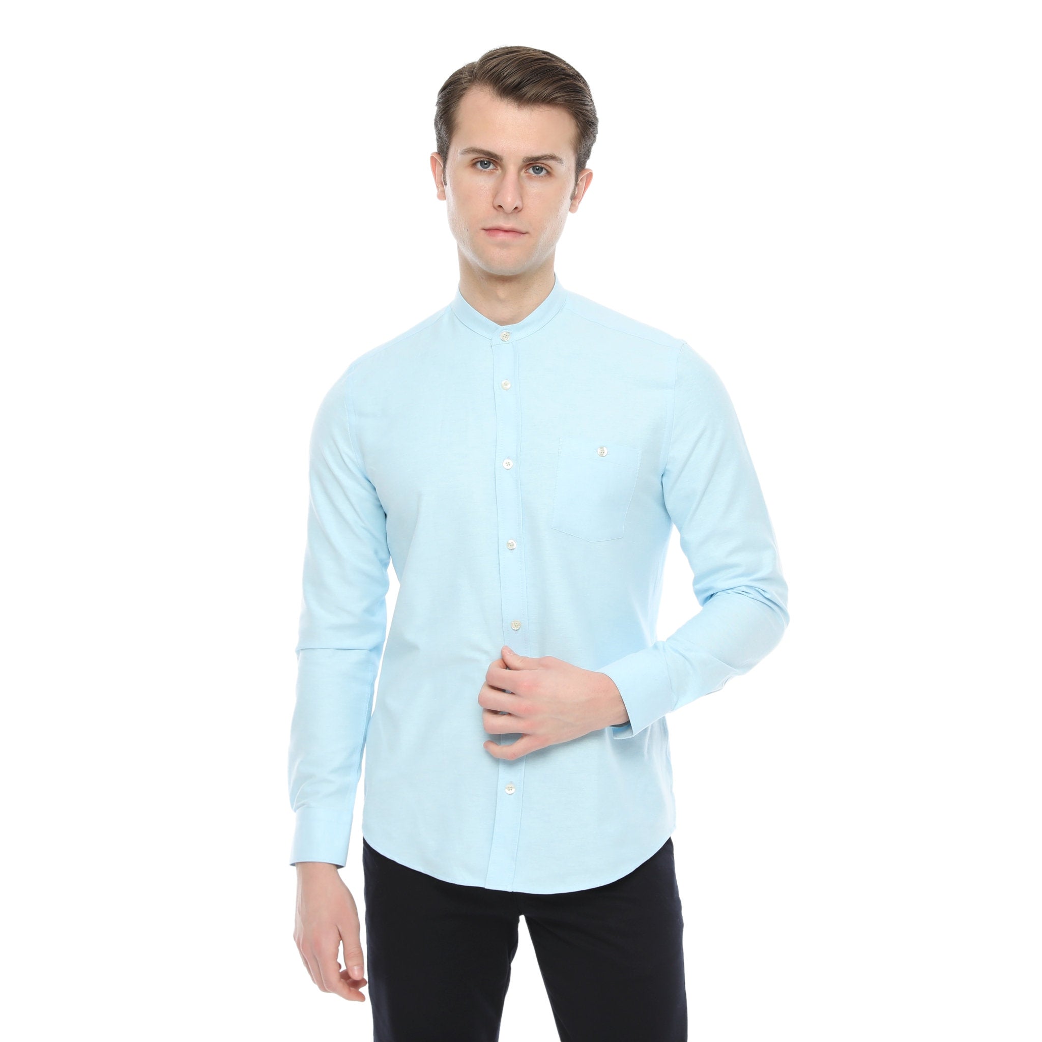 Xact Mens Grandad Collar Nehru Oxford Shirt 'Gustus' Long Sleeved - Slim Fit-Main Image