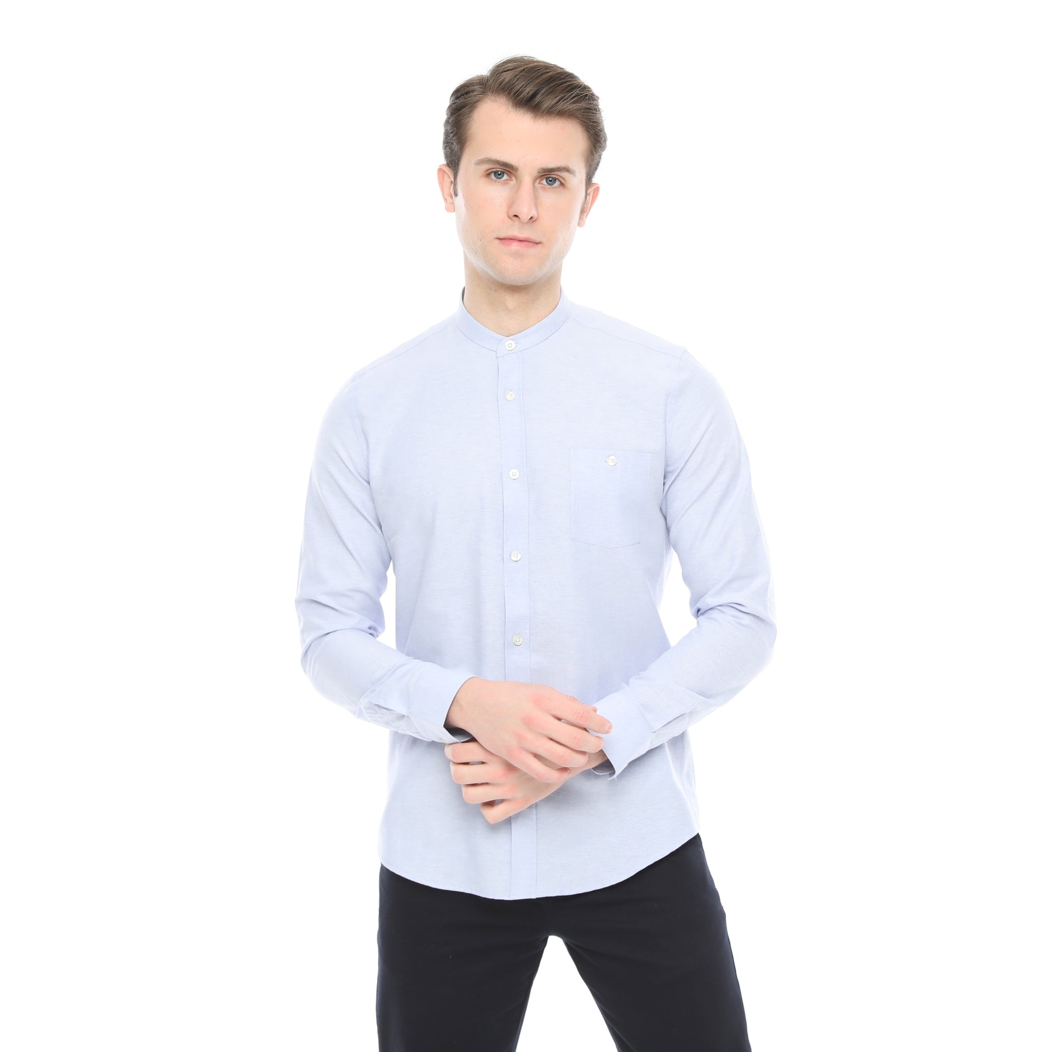 Xact Mens Grandad Collar Nehru Oxford Shirt 'Gustus' Long Sleeved - Slim Fit-3