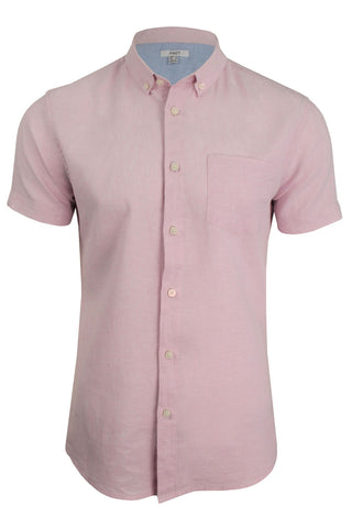Xact Men's Plain Linen Cotton Shirt, Button-Down Collar, Short Sleeved, Slim Fit-Main Image
