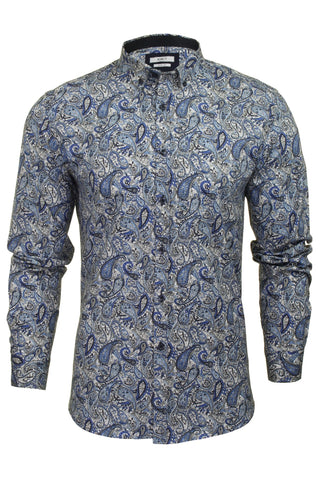 Xact Men's Long Sleeved Paisley Print Shirt, Slim Fit - Mod Retro Partywear, Smart Casual Fashion-Main Image