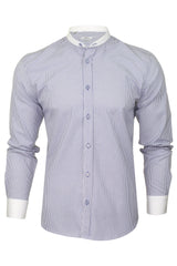 Xact Men's Striped Grandad Shirt, White Collar & Cuffs, Long-Sleeved-Main Image