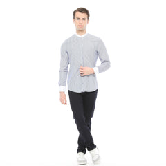 Xact Men's Striped Grandad Shirt, White Collar & Cuffs, Long-Sleeved-Main Image