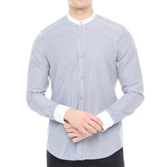 Xact Men's Striped Grandad Shirt, White Collar & Cuffs, Long-Sleeved-Main Image
