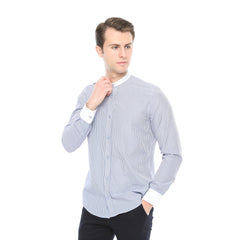 Xact Men's Striped Grandad Shirt, White Collar & Cuffs, Long-Sleeved-2