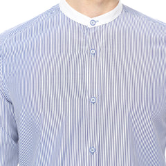 Xact Men's Striped Grandad Shirt, White Collar & Cuffs, Long-Sleeved