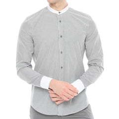 Xact Men's Striped Grandad Shirt, White Collar & Cuffs, Long-Sleeved-Main Image