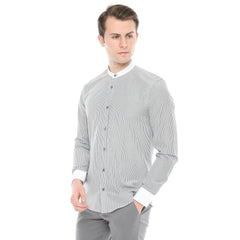 Xact Men's Striped Grandad Shirt, White Collar & Cuffs, Long-Sleeved-2