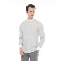 Xact Men's Striped Grandad Shirt, White Collar & Cuffs, Long-Sleeved-2