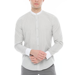 Xact Men's Striped Grandad Shirt, White Collar & Cuffs, Long-Sleeved-Main Image