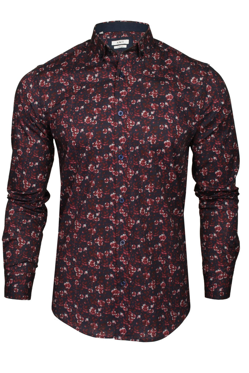 Xact Mens Floral Print Long Sleeved Shirt, Button-Down Collar, Slim Fit-2