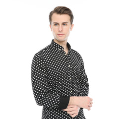 Xact Men's Polka Dot Long Sleeved Shirt, 100% Cotton, Slim Fit, Button-Down Collar, Mod Retro