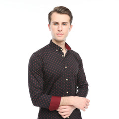 Xact Men's Polka Dot Long Sleeved Shirt, 100% Cotton, Slim Fit, Button-Down Collar, Mod Retro