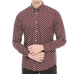 Xact Men's Polka Dot Long Sleeved Shirt, 100% Cotton, Slim Fit, Button-Down Collar, Mod Vintage-Main Image