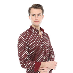 Xact Men's Polka Dot Long Sleeved Shirt, 100% Cotton, Slim Fit, Button-Down Collar, Mod Retro