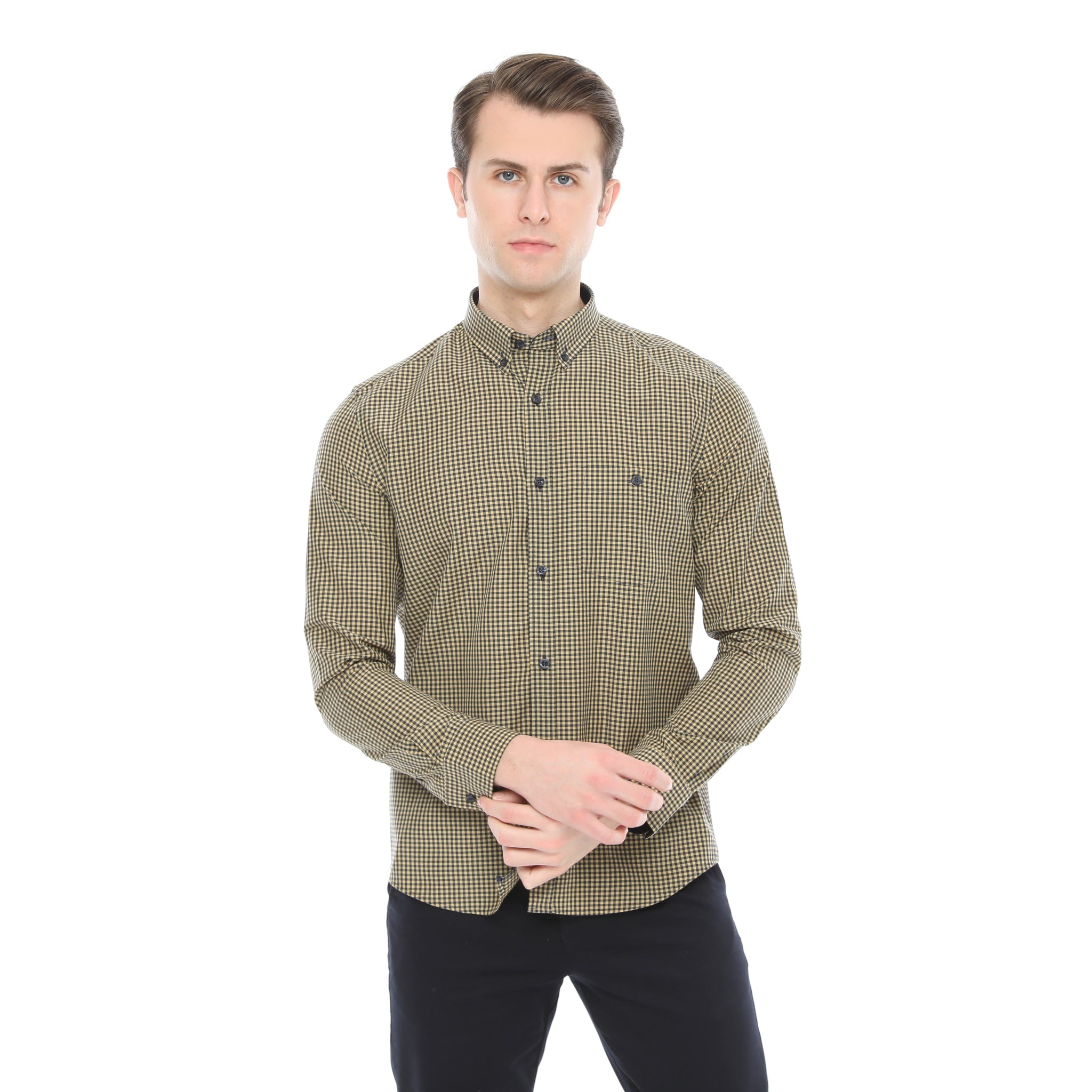 Xact Men's Gingham Check Shirt with Button-Down Collar - Long Sleeved-2
