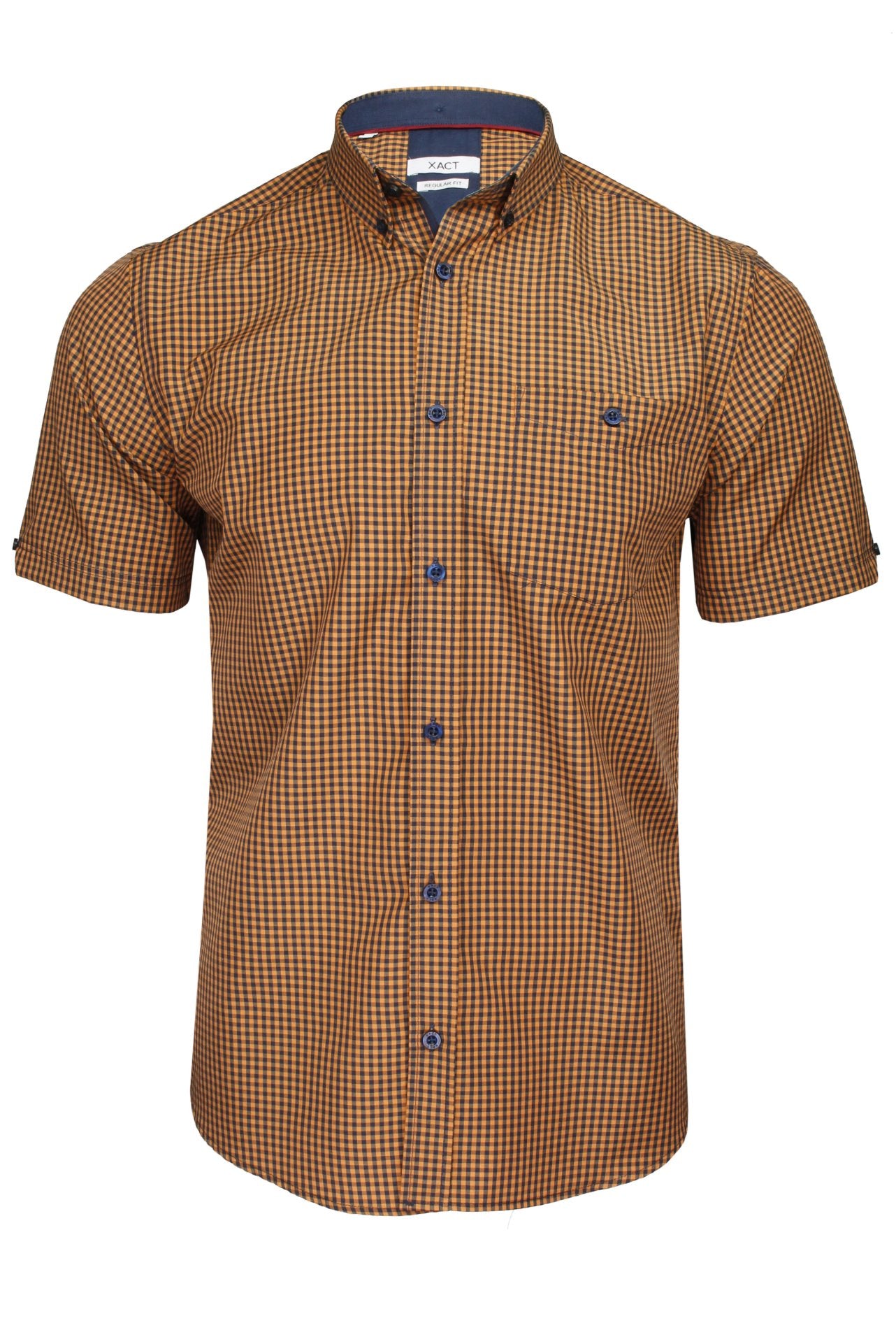 Xact Men's Gingham Check Shirt with Button-Down Collar - Short Sleeved-Main Image