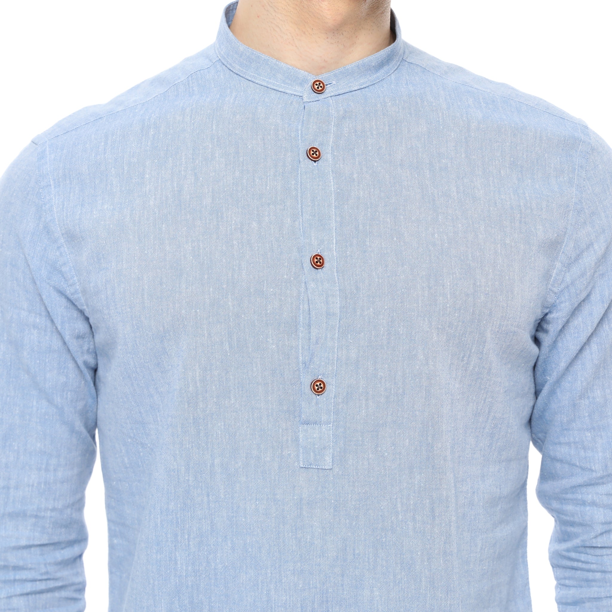 Xact Mens Cotton Linen Grandad Band Collar Tunic Shirt - Long Sleeved