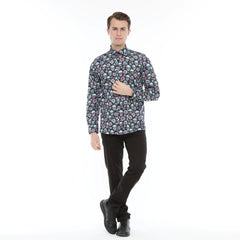 Xact Men's Holographic Skulls & Flower Print Long Sleeved Shirt, Regular Fit-2