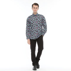 Xact Men's Holographic Skulls & Flower Print Long Sleeved Shirt, Regular Fit-3