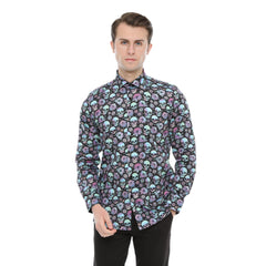 Xact Men's Holographic Skulls & Flower Print Long Sleeved Shirt, Regular Fit-4