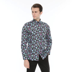 Xact Men's Holographic Skulls & Flower Print Long Sleeved Shirt, Regular Fit