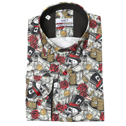 Xact Men's Gambling Skulls Print Long Sleeved Shirt, Regular Fit-Main Image