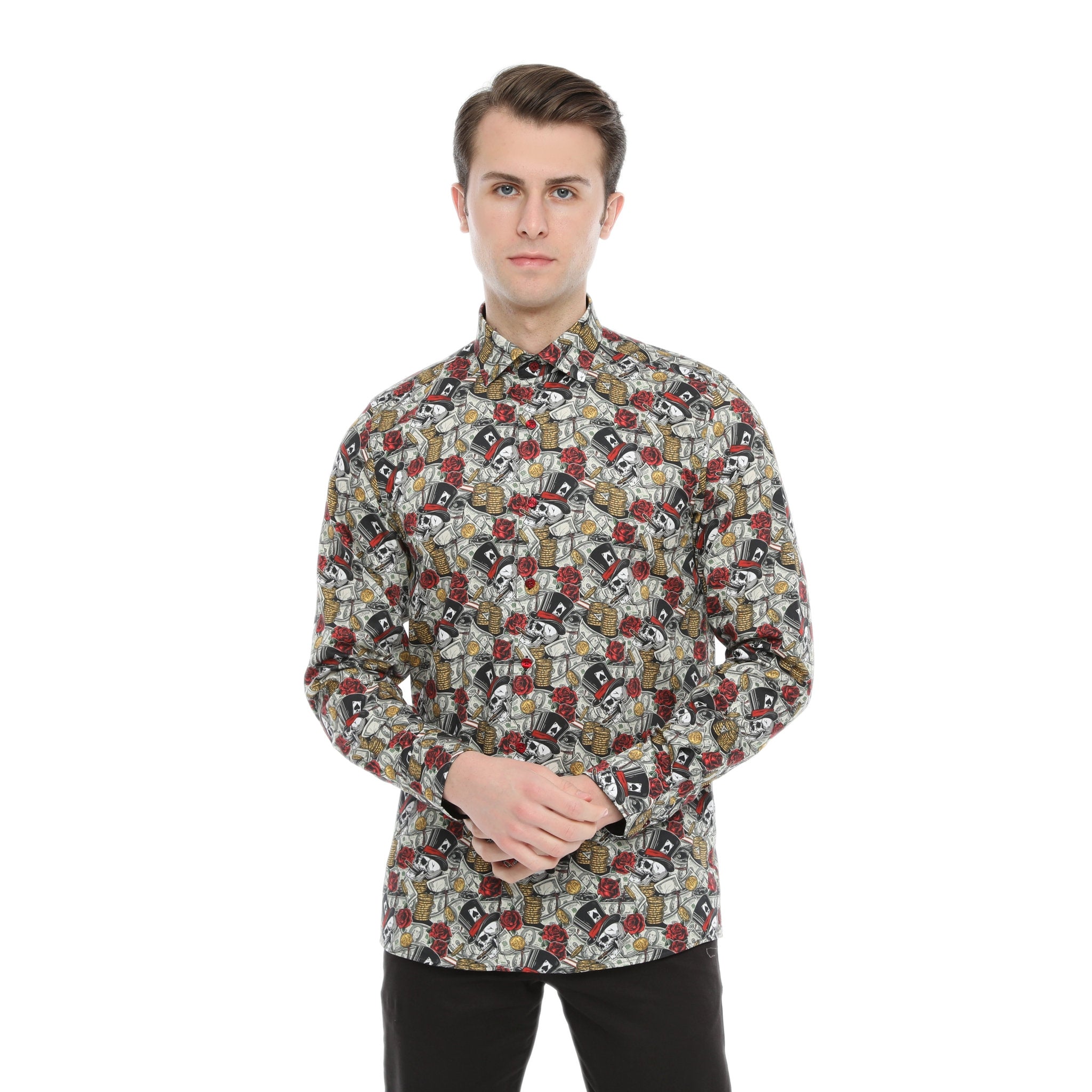 Xact Men's Gambling Skulls Print Long Sleeved Shirt, Regular Fit-4