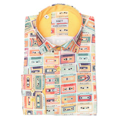 Xact Men's Retro Cassette Tape Print Long Sleeved Shirt, Regular Fit-Main Image