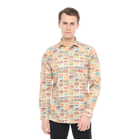 Xact Men's Retro Cassette Tape Print Long Sleeved Shirt, Regular Fit-Main Image