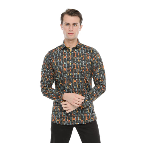 Xact Men's Retro Guitar Print Long Sleeved Shirt, Regular Fit-Main Image