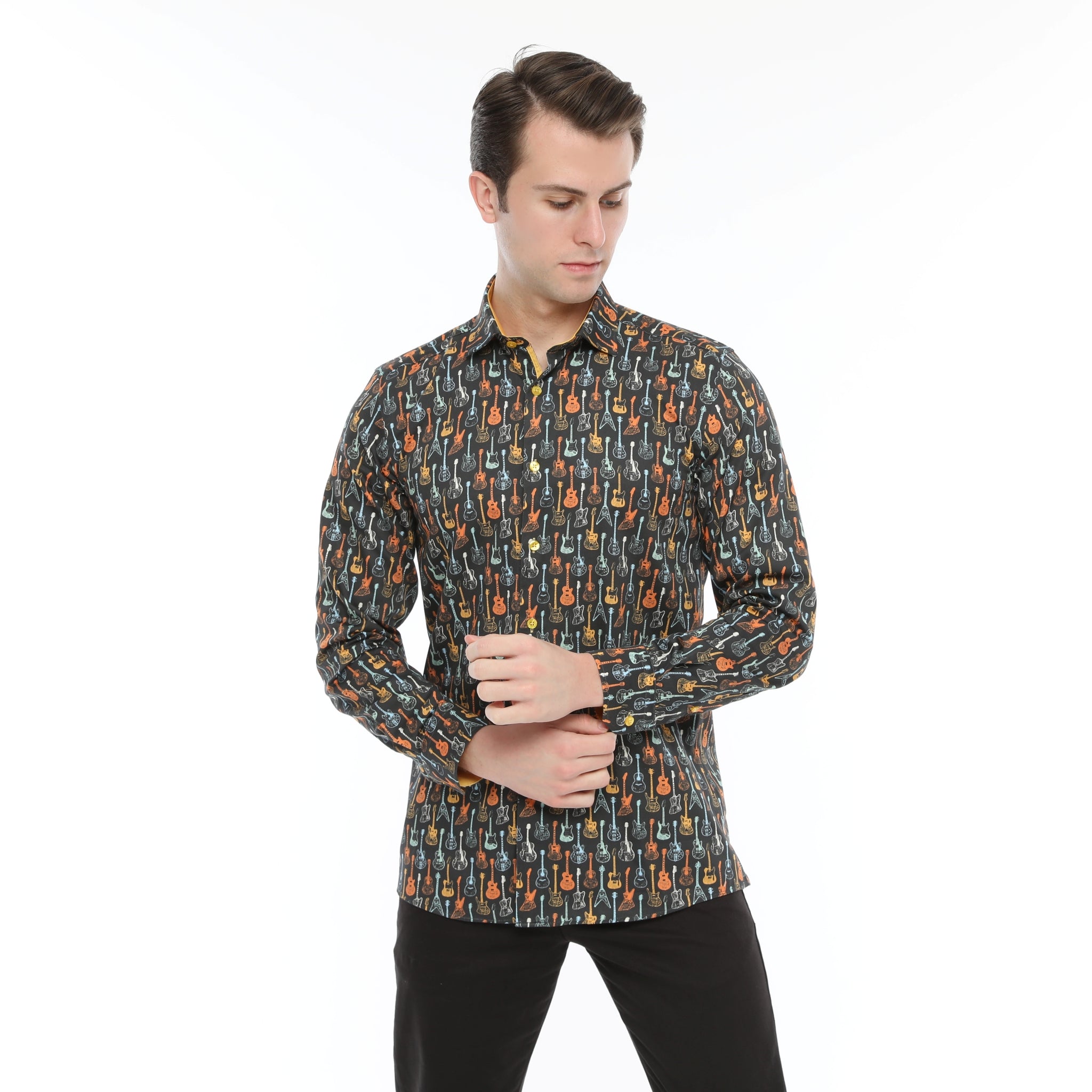 Xact Men's Retro Guitar Print Long Sleeved Shirt, Regular Fit
