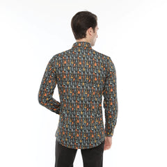 Xact Men's Retro Guitar Print Long Sleeved Shirt, Regular Fit-3