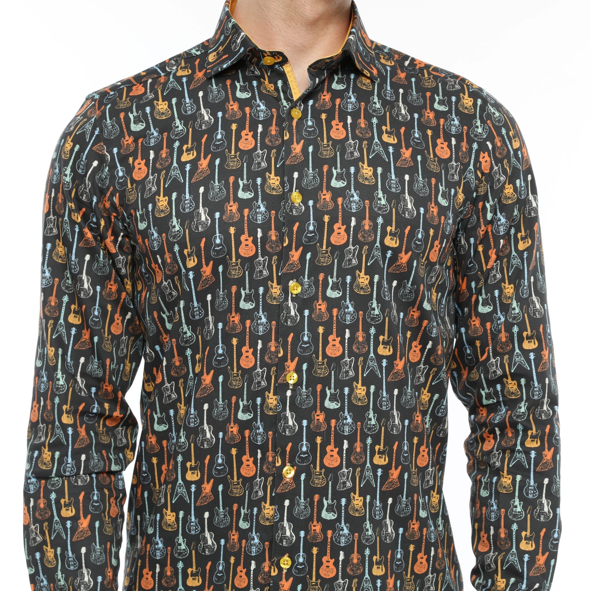 Xact Men's Retro Guitar Print Long Sleeved Shirt, Regular Fit-4