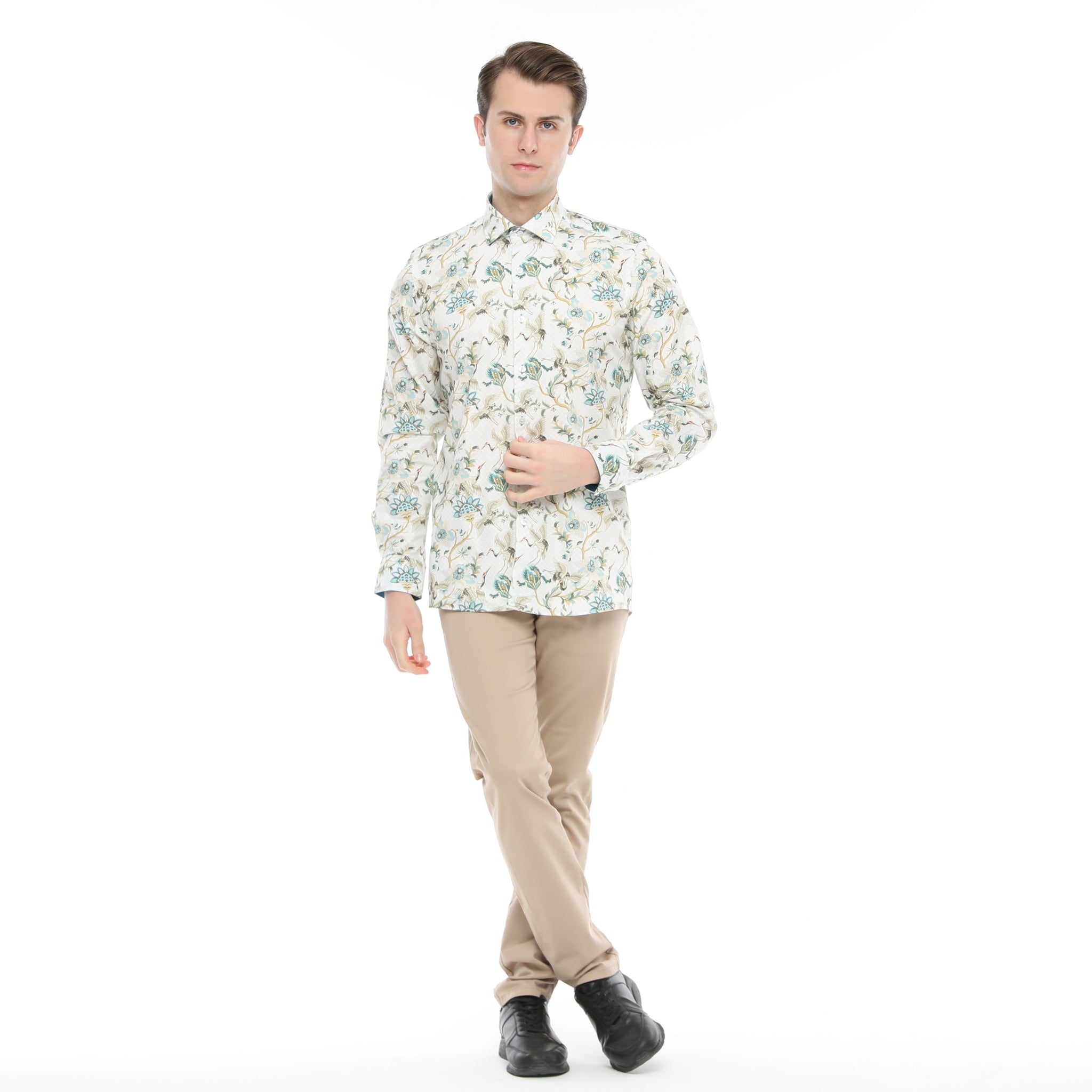 Xact Men's Crane Bird Print Long Sleeved Shirt, Regular Fit-2